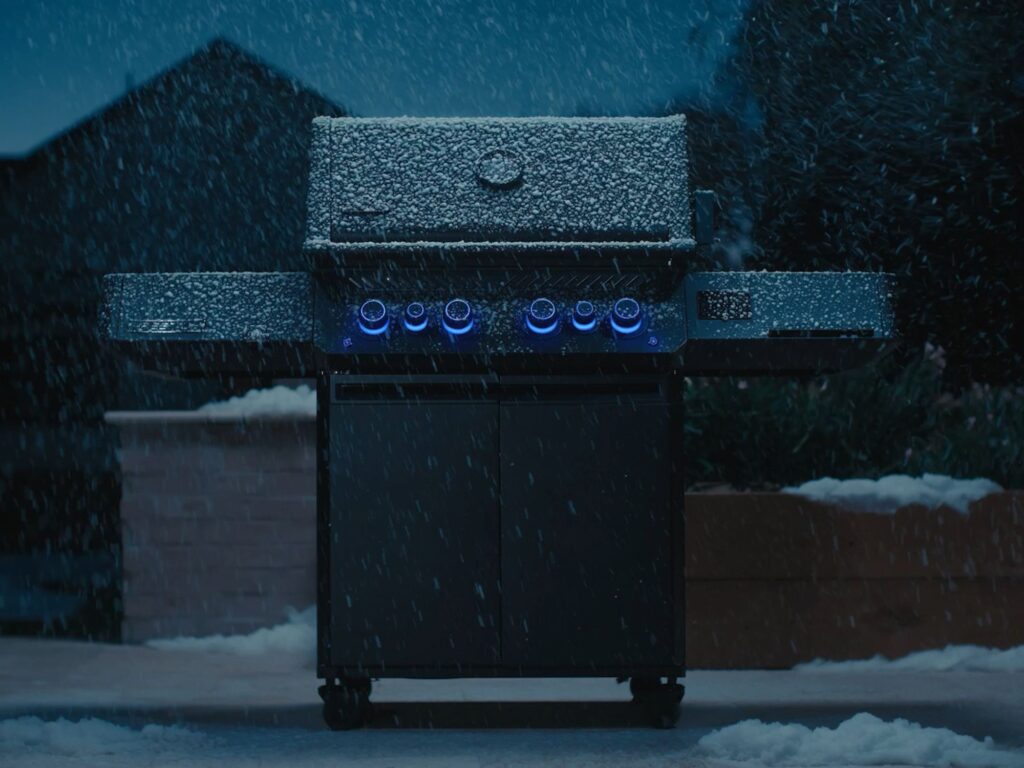 Grill gazowy Napoleon stojący na śniegu